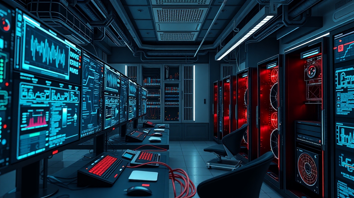 Moderná serverová miestnosť s viacerými obrazovkami a červenými servermi.