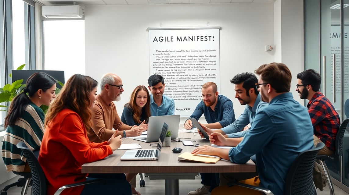 Skupina deviatich ľudí diskutuje pri stole v kancelárii, s laptopmi a dokumentmi.