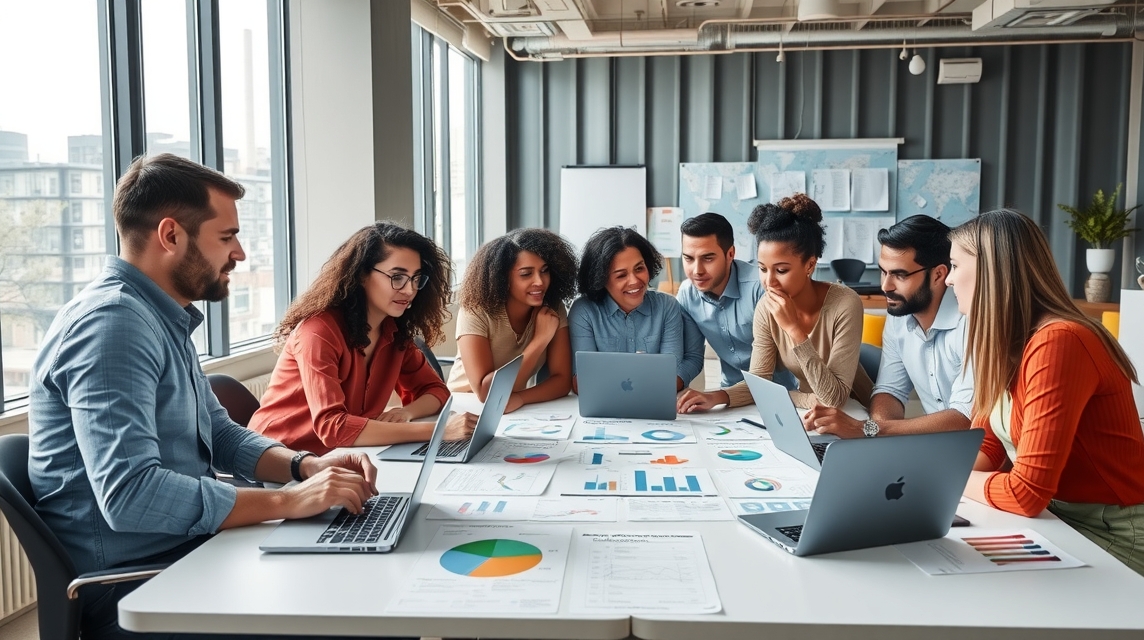 Skupina siedmich ľudí pracuje na laptopoch a diskutuje o grafoch na stole.