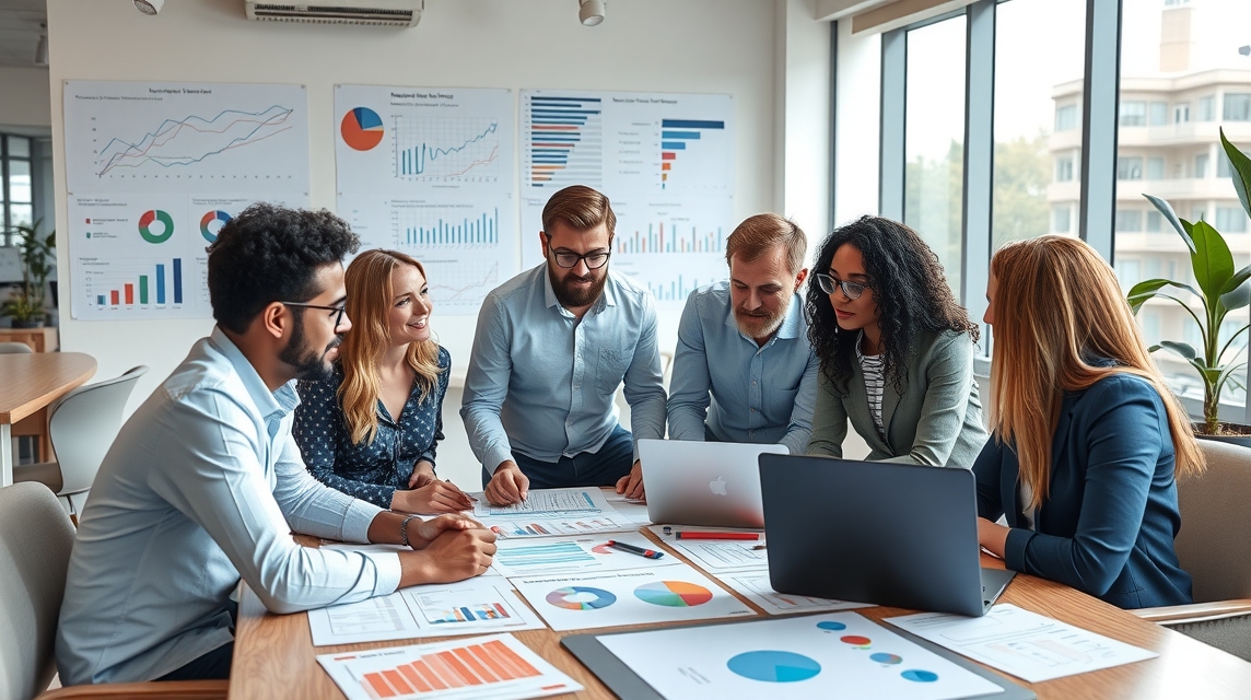 Skupina šiestich profesionálov diskutuje nad grafmi a analýzami v kancelárii.