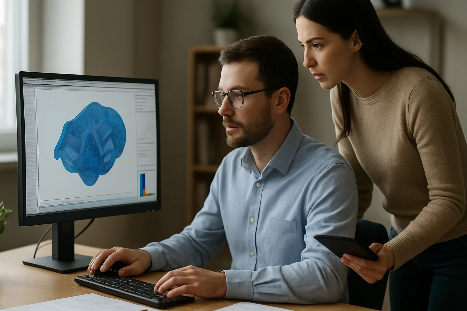 Muž pracuje na počítači, žena ho pozoruje, na obrazovke 3D model.