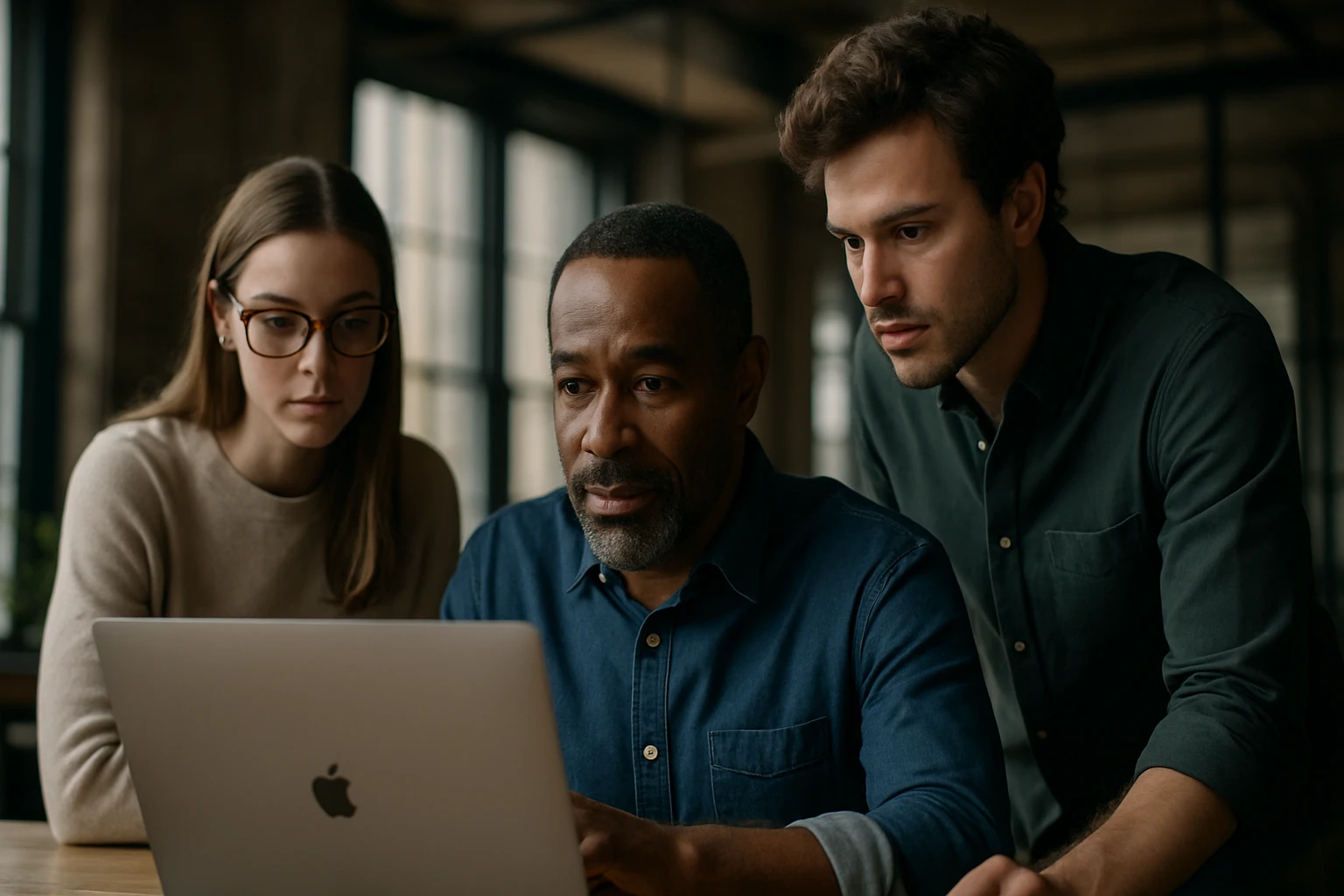 Skupina troch ľudí sa sústredene pozerá na laptop v modernom prostredí.
