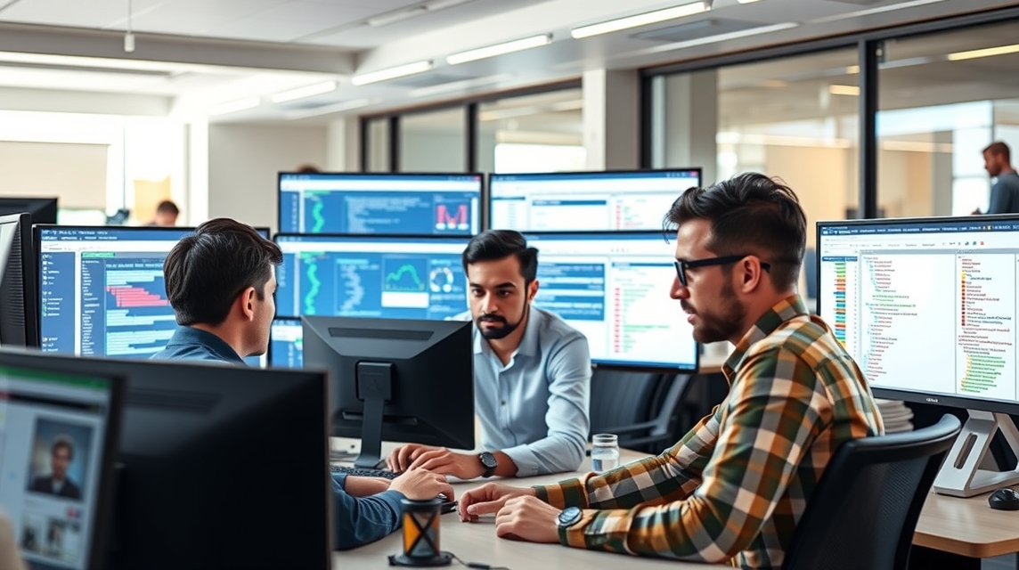 Trojica mužov pracuje a diskutuje pri počítačoch s analýzami dát.