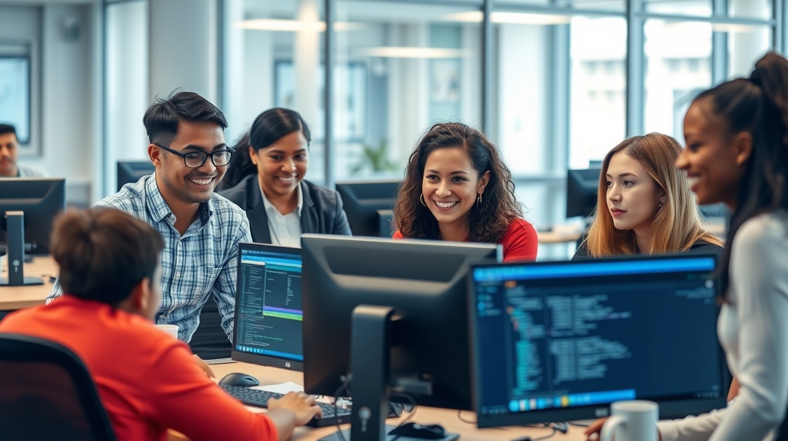 Skupina šiestich ľudí pracuje na počítačoch v modernom kancelárskom prostredí.