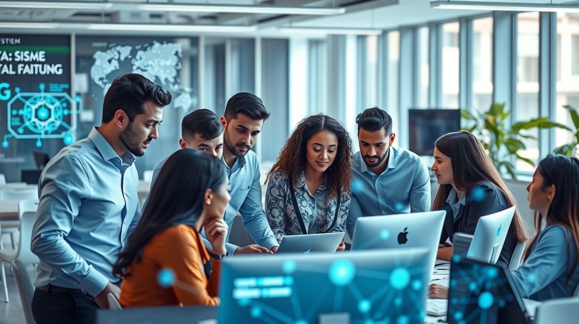 Skupina mladých profesionálov diskutuje o projekte pri počítačoch v modernom kancelárskom prostredí.