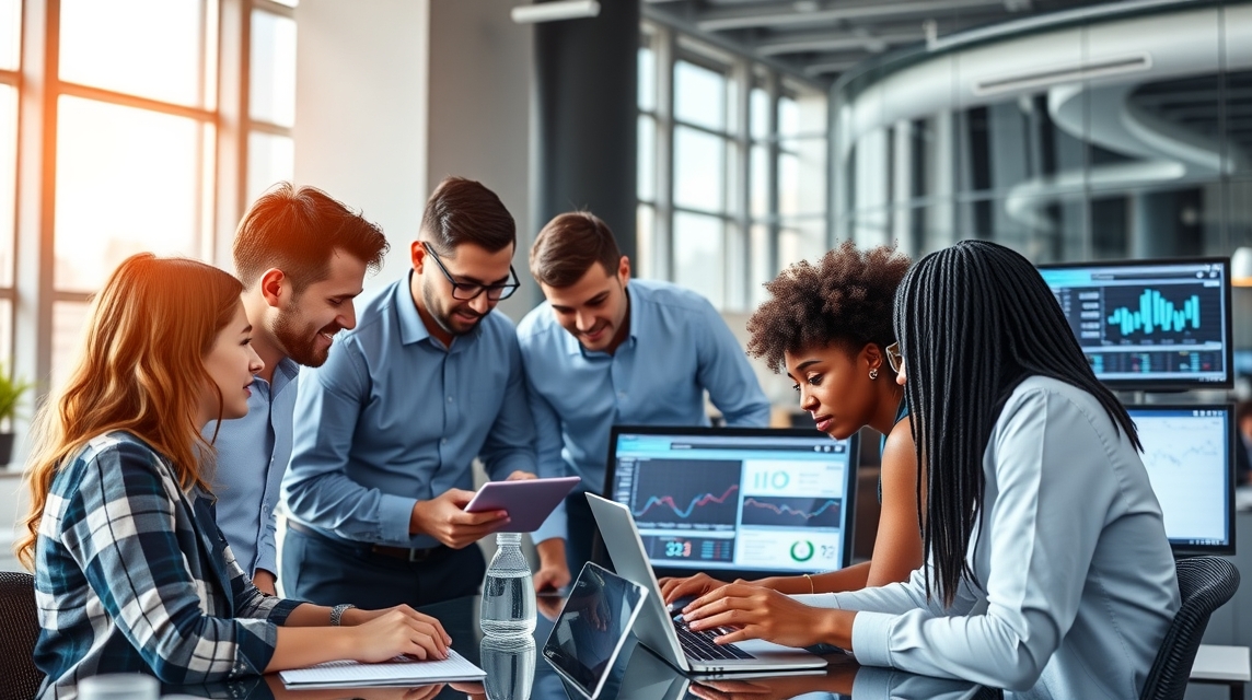 Skupina šiestich profesionálov diskutuje o dátach pri počítačoch v modernom kancelárskom prostredí.