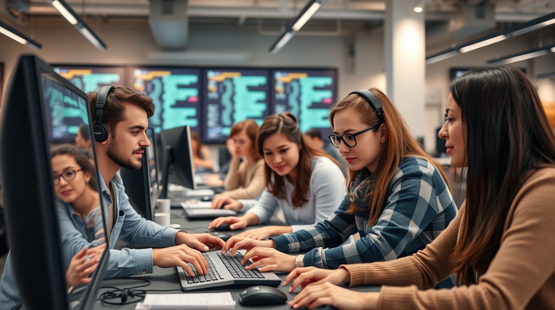 Skupina mladých ľudí pracuje na počítačoch v modernom učebnom prostredí.