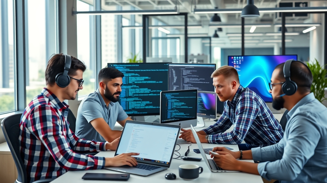 Štyria muži pracujúci na počítačoch v modernom kancelárskom prostredí.