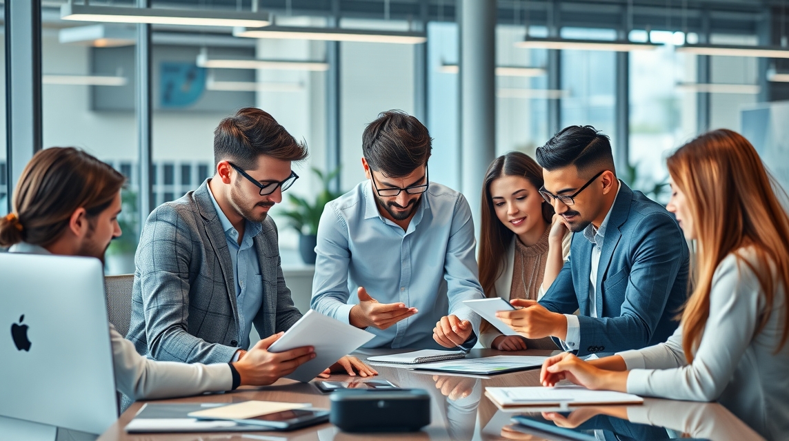 Skupina mladých profesionálov diskutuje nad dokumentmi v modernom kancelárskom prostredí.