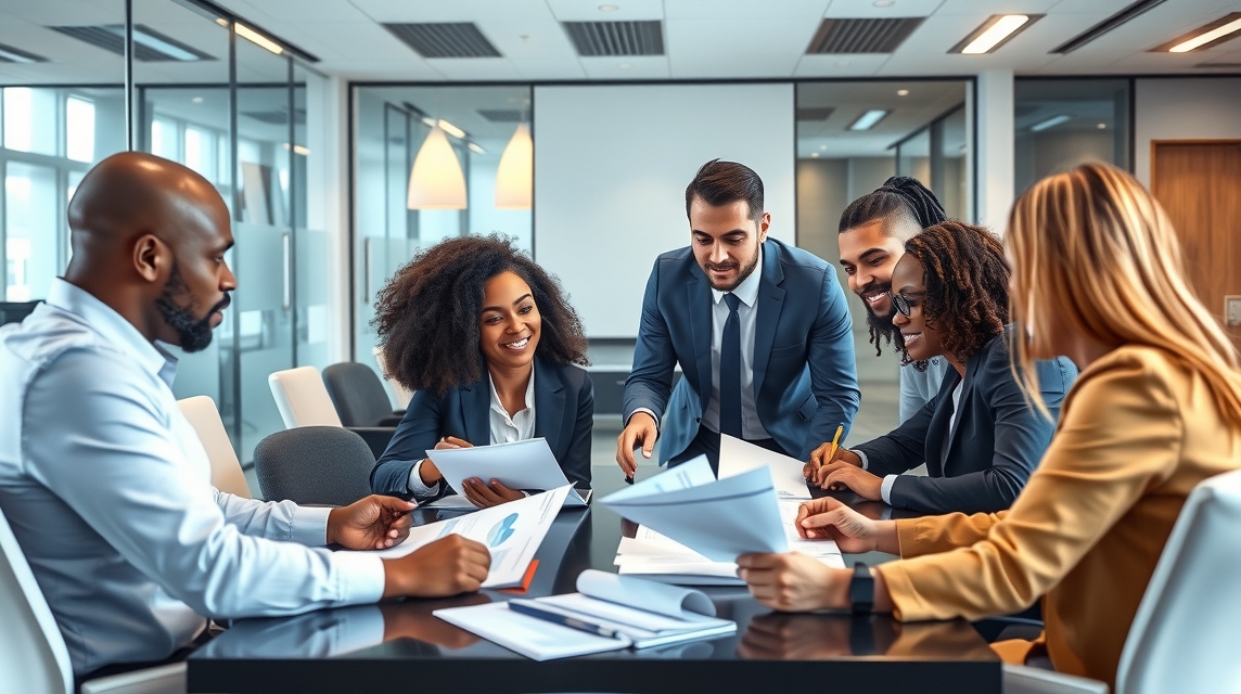 Skupina profesionálov diskutuje a prezerá dokumenty v modernom kancelárskom prostredí.