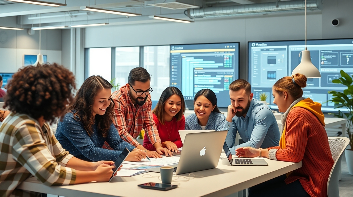 Skupina mladých profesionálov diskutuje pri stole s laptopom a dokumentmi.