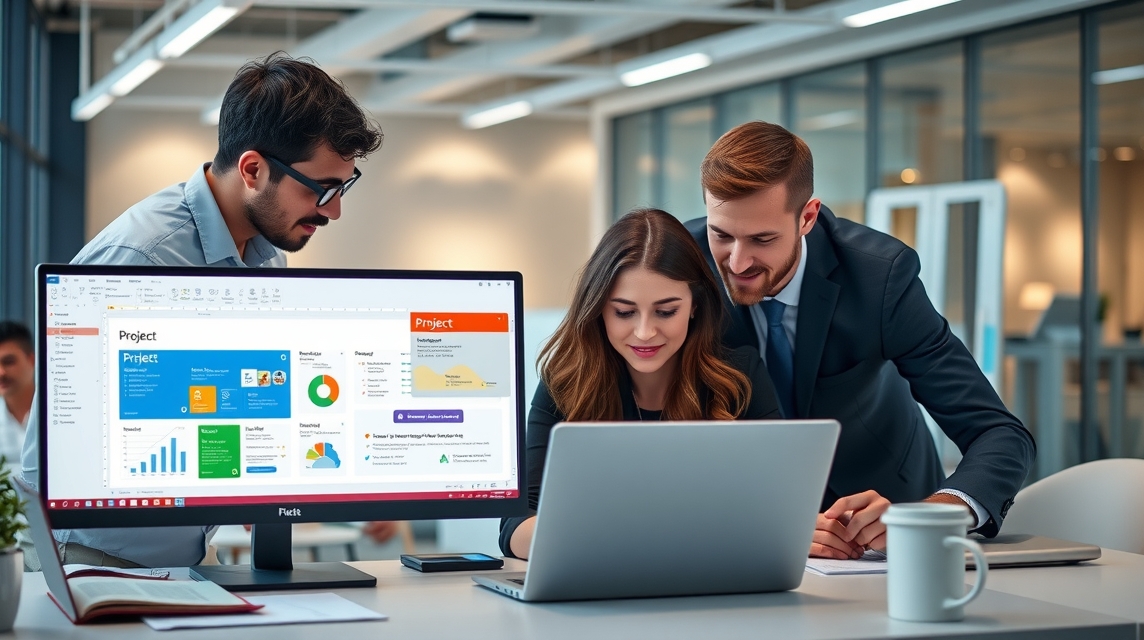 Trojica profesionálov pracuje na projekte számítógépen egy modern irodában.