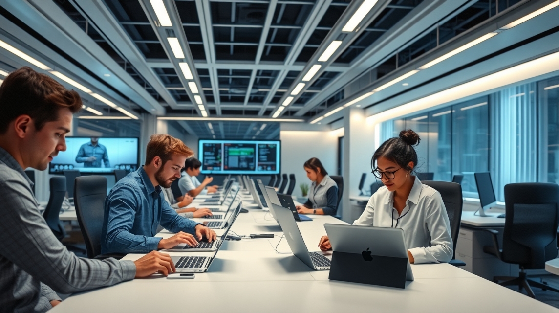 Skupina mladých profesionálov pracuje na laptopoch v modernom kancelárskom prostredí.