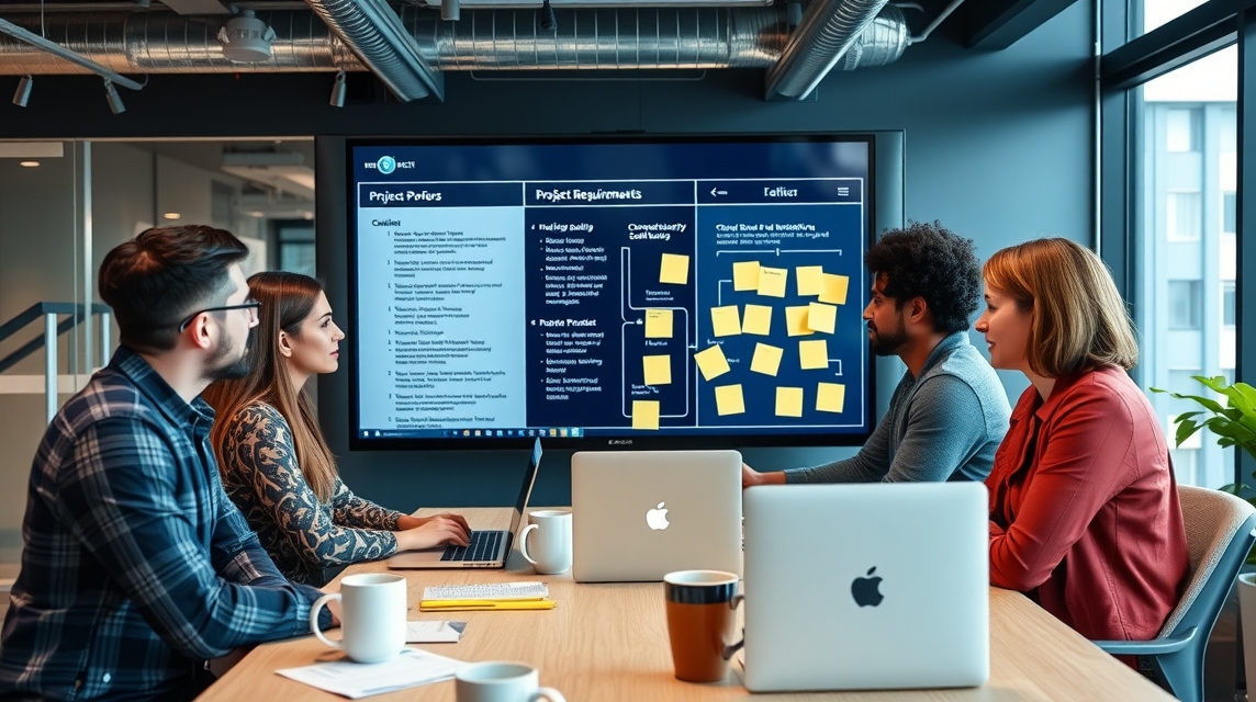 Skupina štyroch ľudí diskutuje o projekte pri stole s laptopmi a prezentáciou na obrazovke.