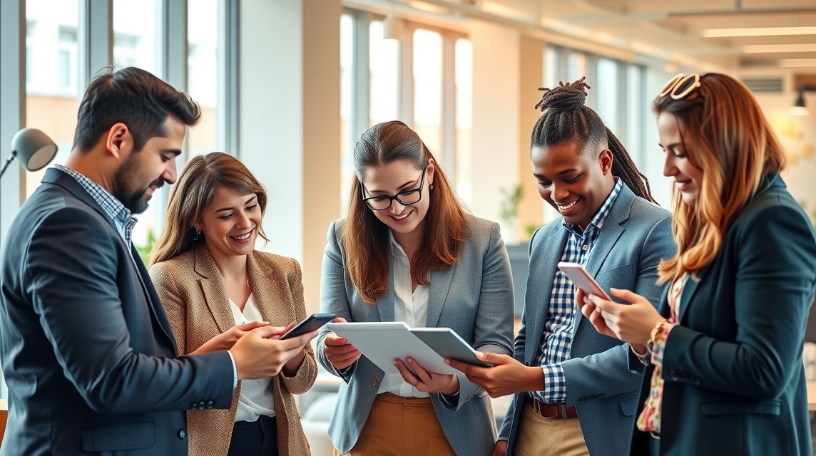 Skupina piatich profesionálov v kancelárii, ktorí sa zameriavajú na technológie.