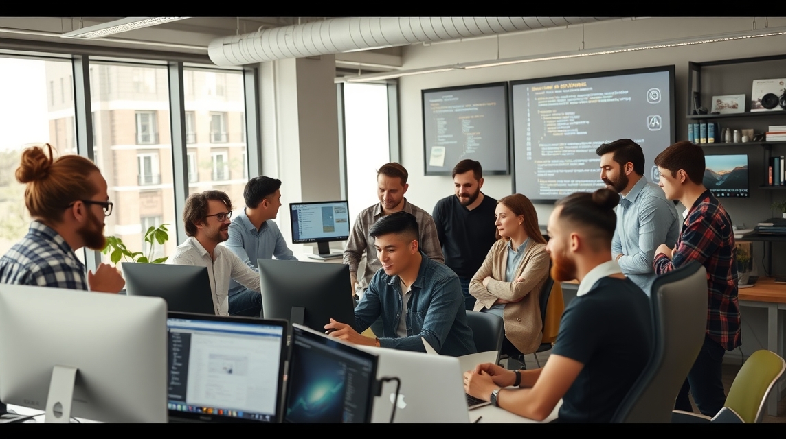 Skupina mladých profesionálov diskutuje o projektoch v modernom kancelárskom prostredí.