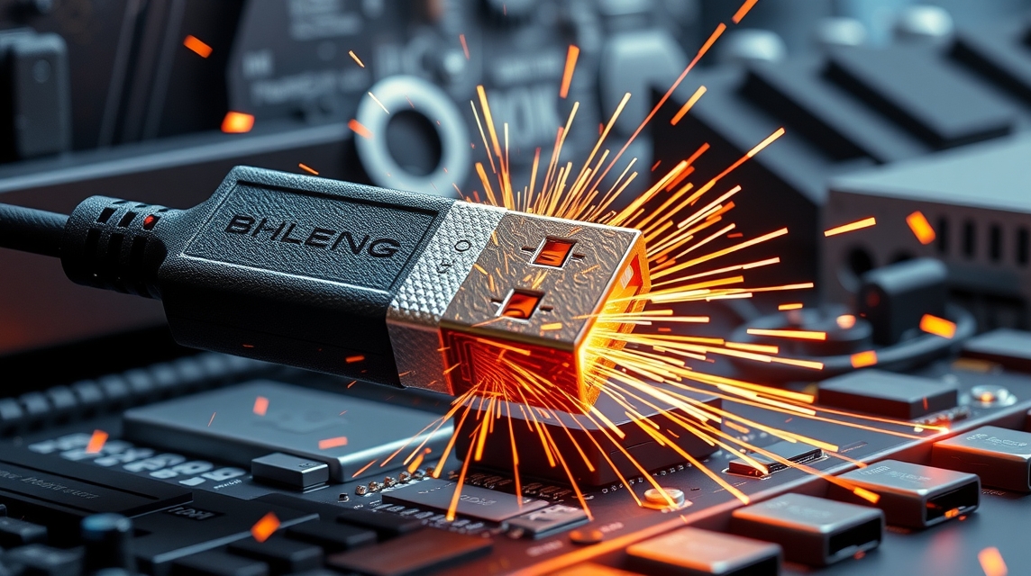 USB kábel, amelyből szikrák pattognak ki, háttérben elektronikai eszközök.