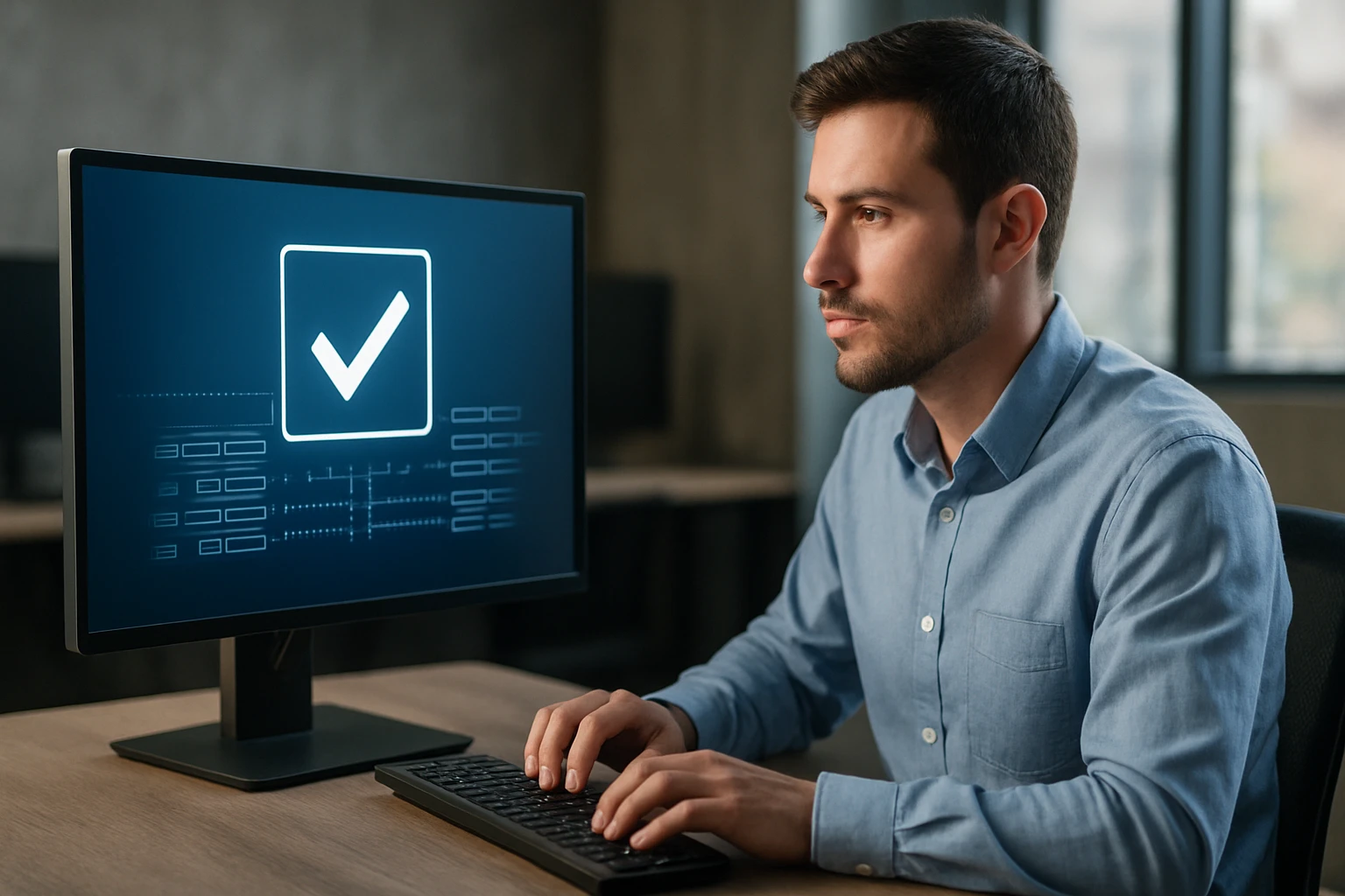 Muž sedí pri počítači, na obrazovke je zobrazený symbol zaškrtnutia.