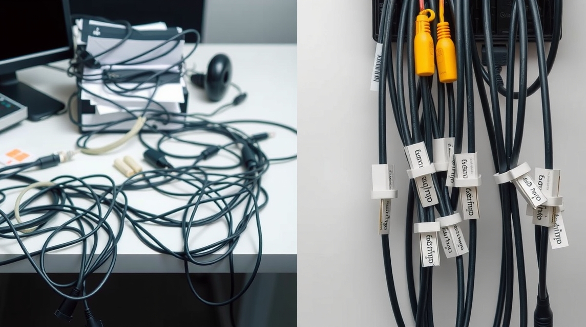 Na stole sú zamotané káble a neporiadok, vedľa usporiadané káble s etiketami.