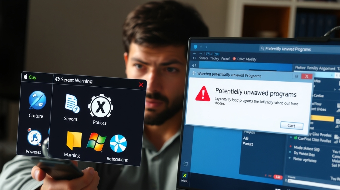 Muž znepokojený varovaním o potenciálne nežiaducom programe na obrazovke.
