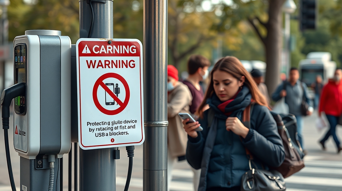 Na ulici stojí žena, ktorá sa pozerá na svoj mobil, vedľa varovný znak.