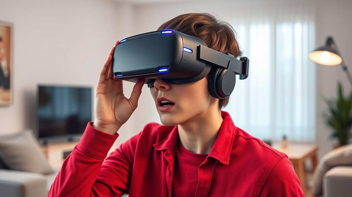 Mladý muž nosí virtuálnu realitu headset a sústredene sleduje obrazovku.