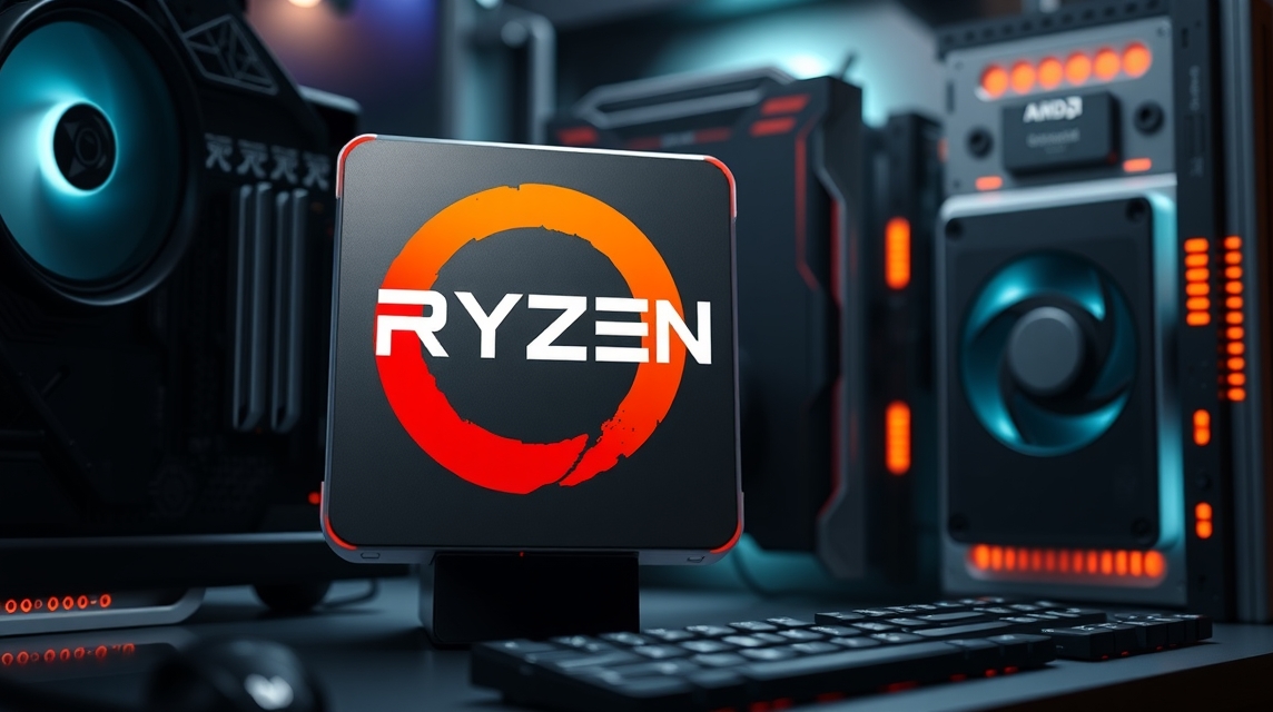 Moderný počítač s logom Ryzen, pozadie s herným hardvérom a klávesnicou.