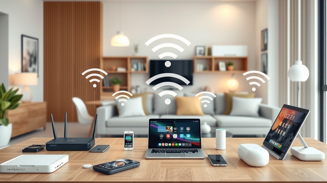 Moderný obývací priestor s rôznymi zariadeniami pripojenými na Wi-Fi.