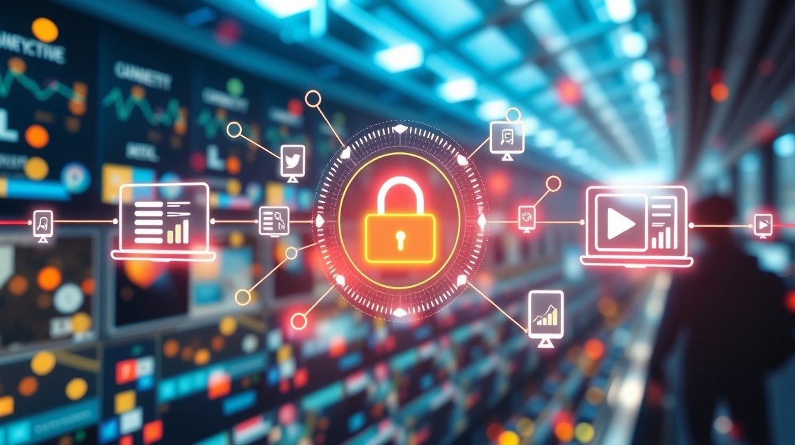 Grafika znázorňujúca zabezpečenie dát s ikonami rôznych médií a zamknutým symbolom.