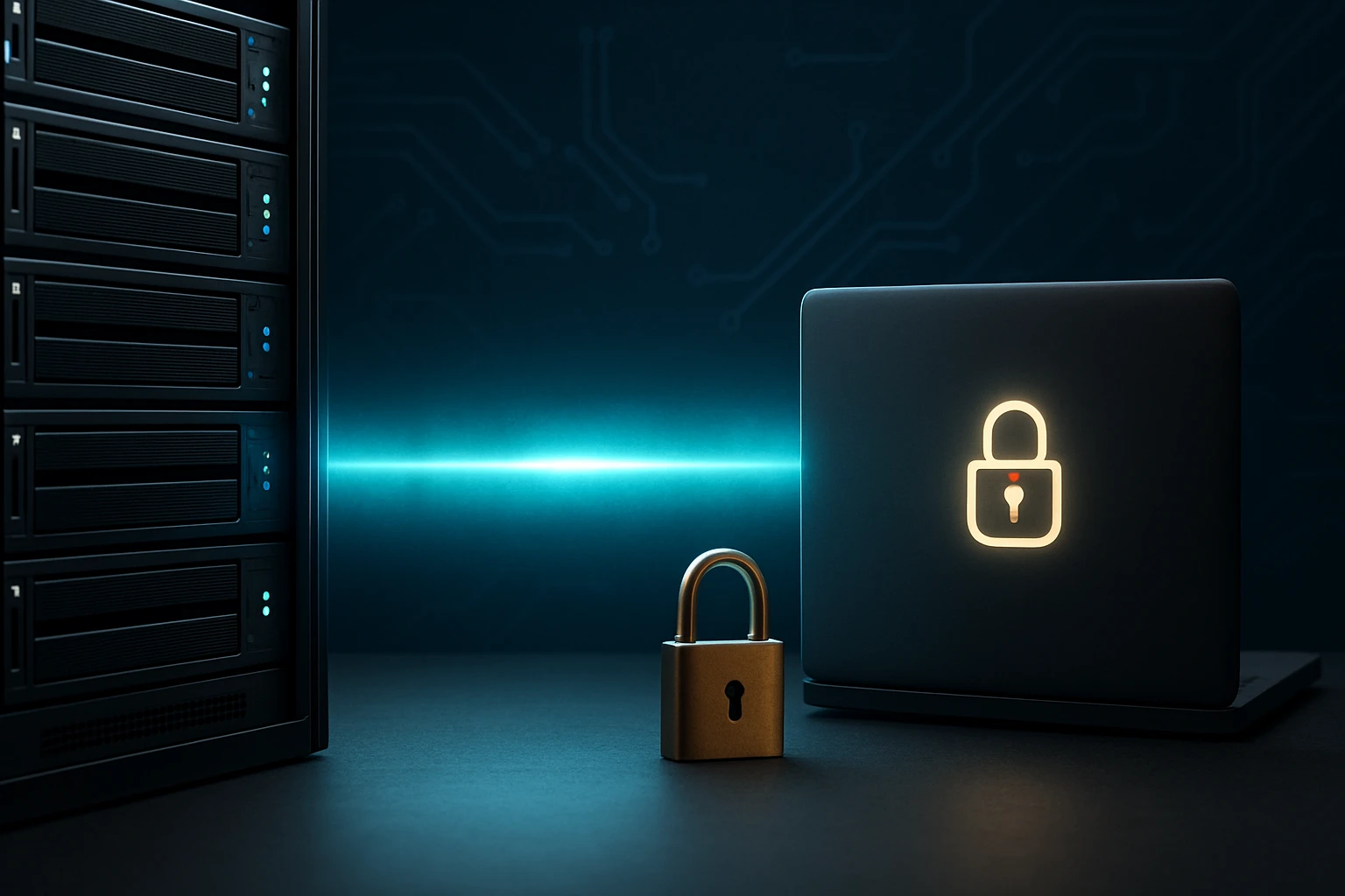 Na stole je laptop s ikonou zámku a vedľa neho zámok, pozadie je tmavé s modrým svetlom.