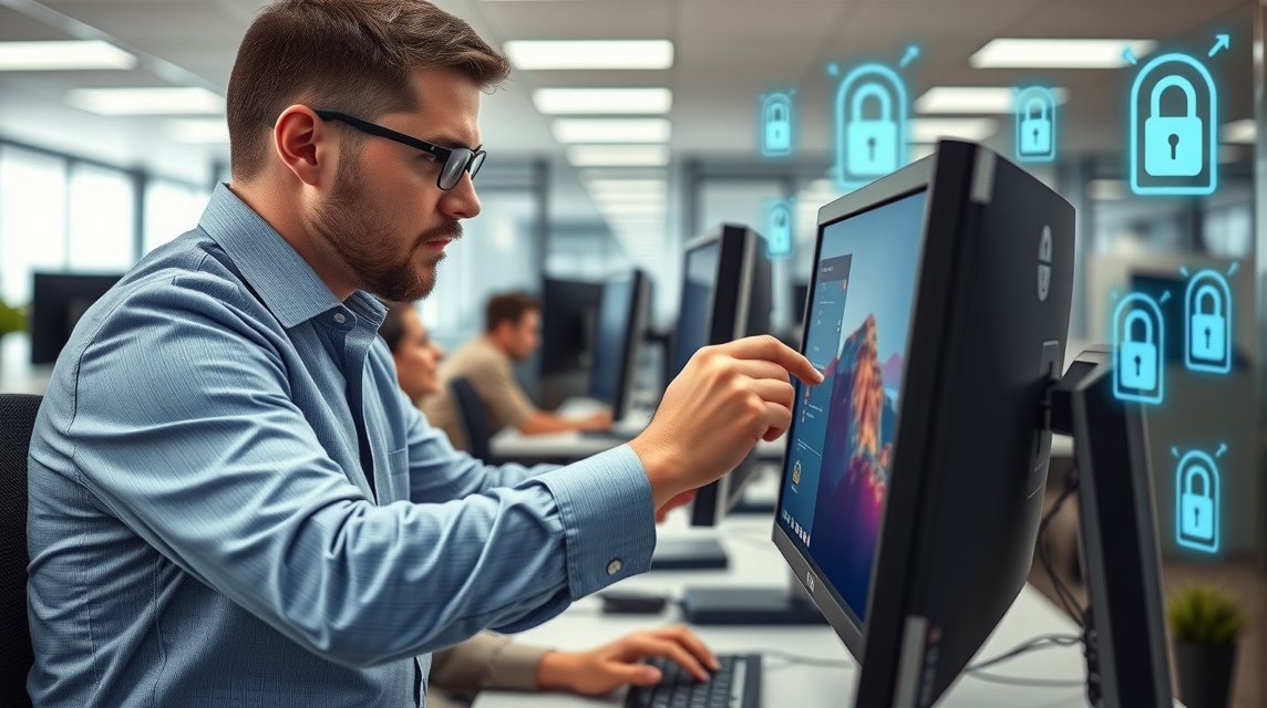 Muž v košeli pracuje na počítači, okolo neho ikony zámkov symbolizujúce bezpečnosť.