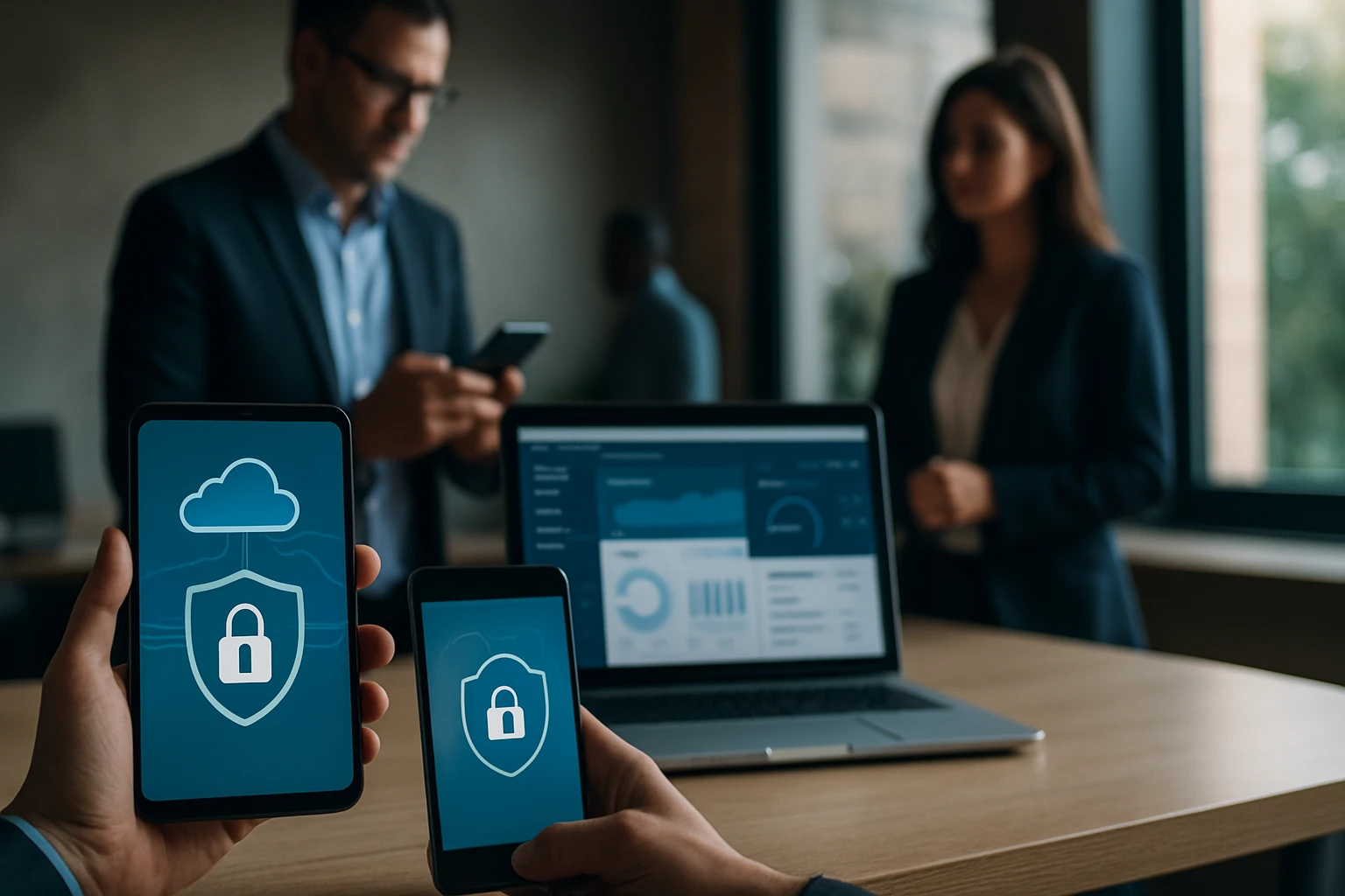 Dve mobilné zariadenia s ikonou zabezpečenia a cloudového úložiska.