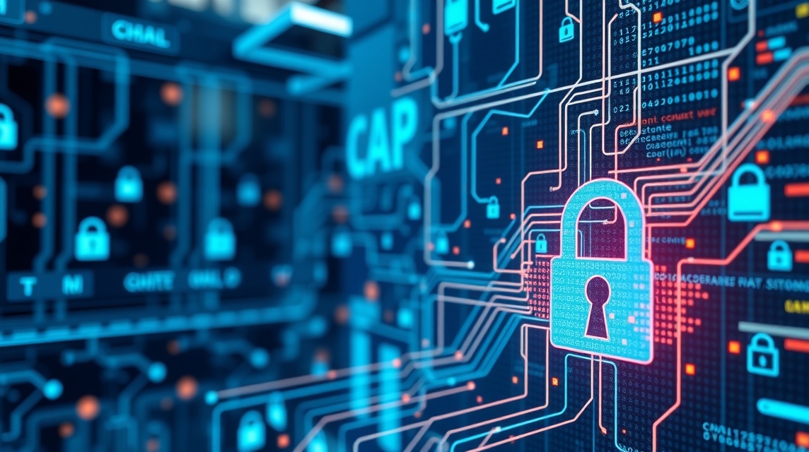 Digitálny zámok na pozadí s obvodovými schémami a dátovými prúdmi.