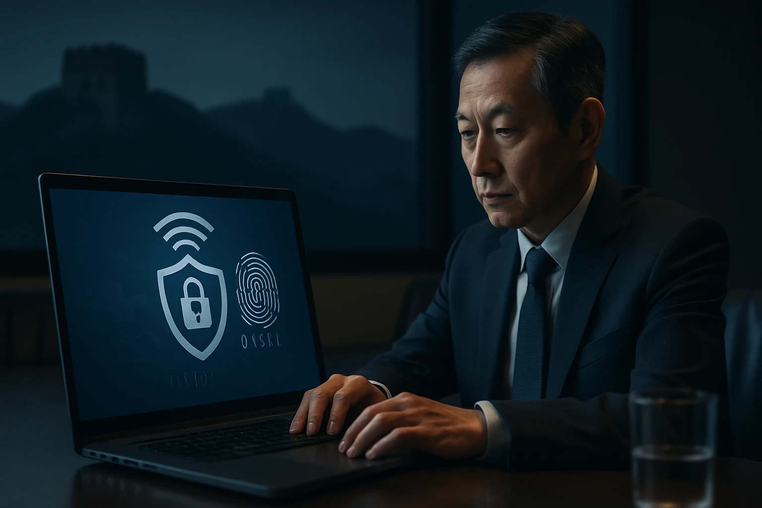 Muž v obleku pracuje na laptopu, zobrazené ikony zabezpečenia a biometrie.