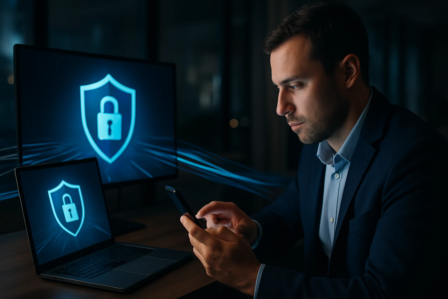 Muž v obleku kontroluje mobilný telefón pred obrazovkami s ikonkou zámku.