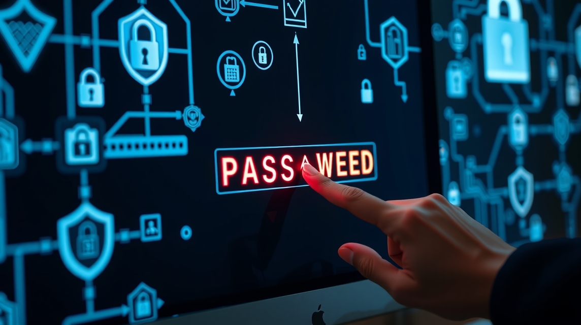 Ruka dotýkajúca sa obrazovky počítača s nápisom PASS a WEED a ikonami zabezpečenia.