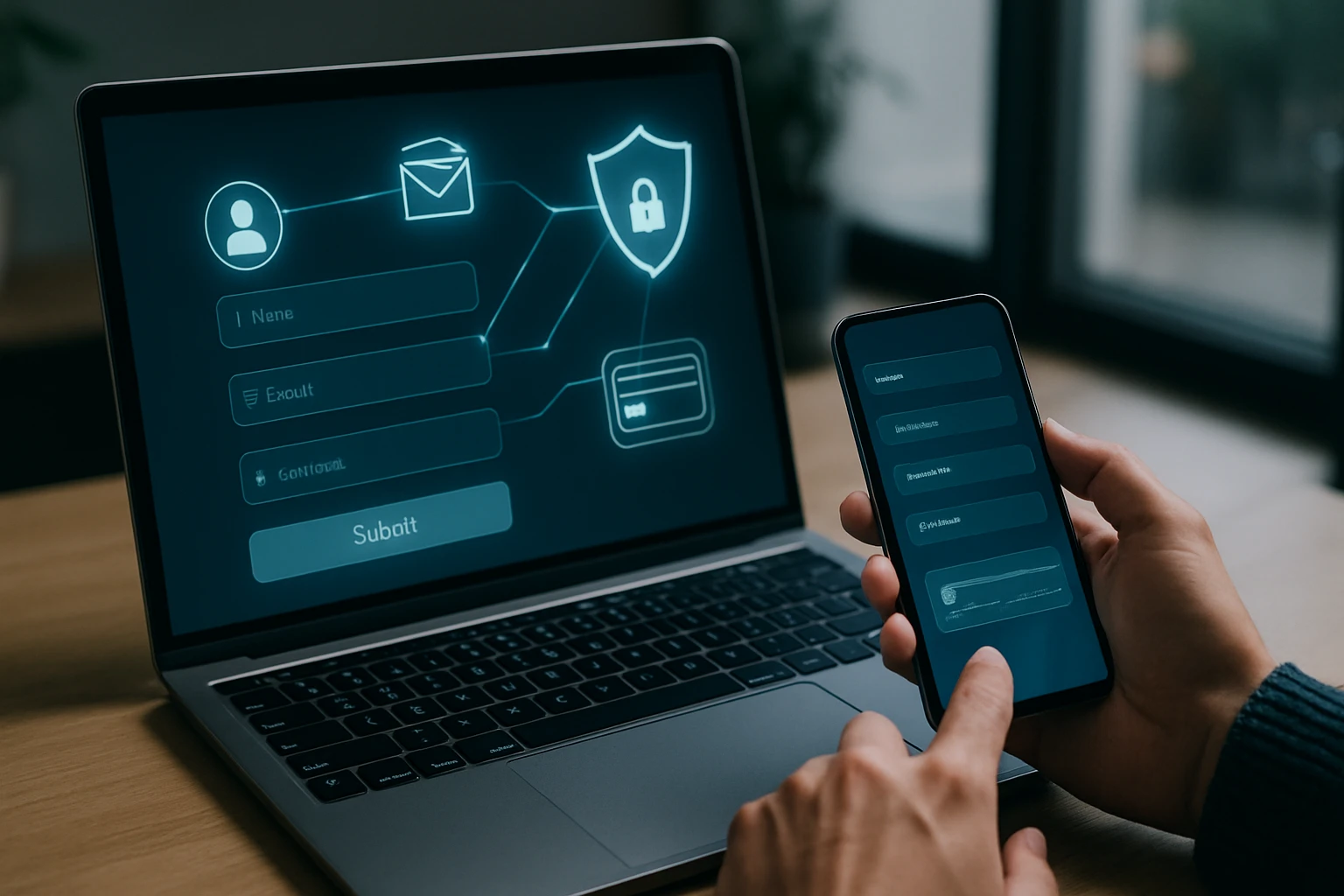 Osoba vyplňuje formulár na počítači a mobilnom telefóne s bezpečnostnými prvkami.
