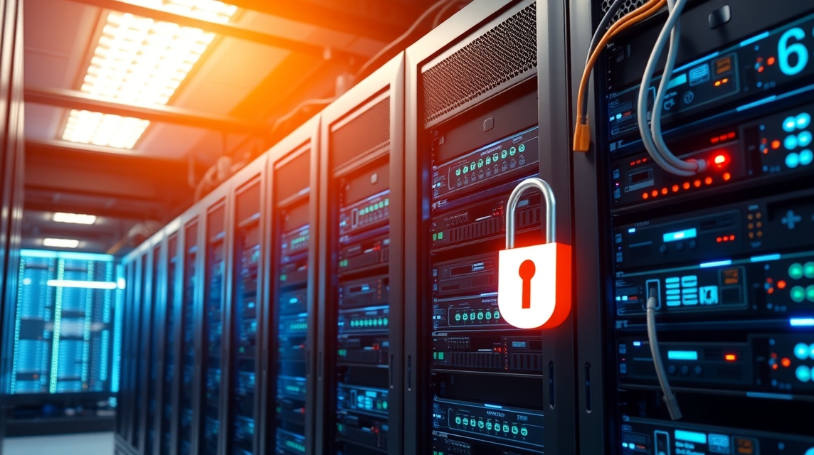 Serverová miestnosť s bezpečnostným zámkom na jednom z rackov.