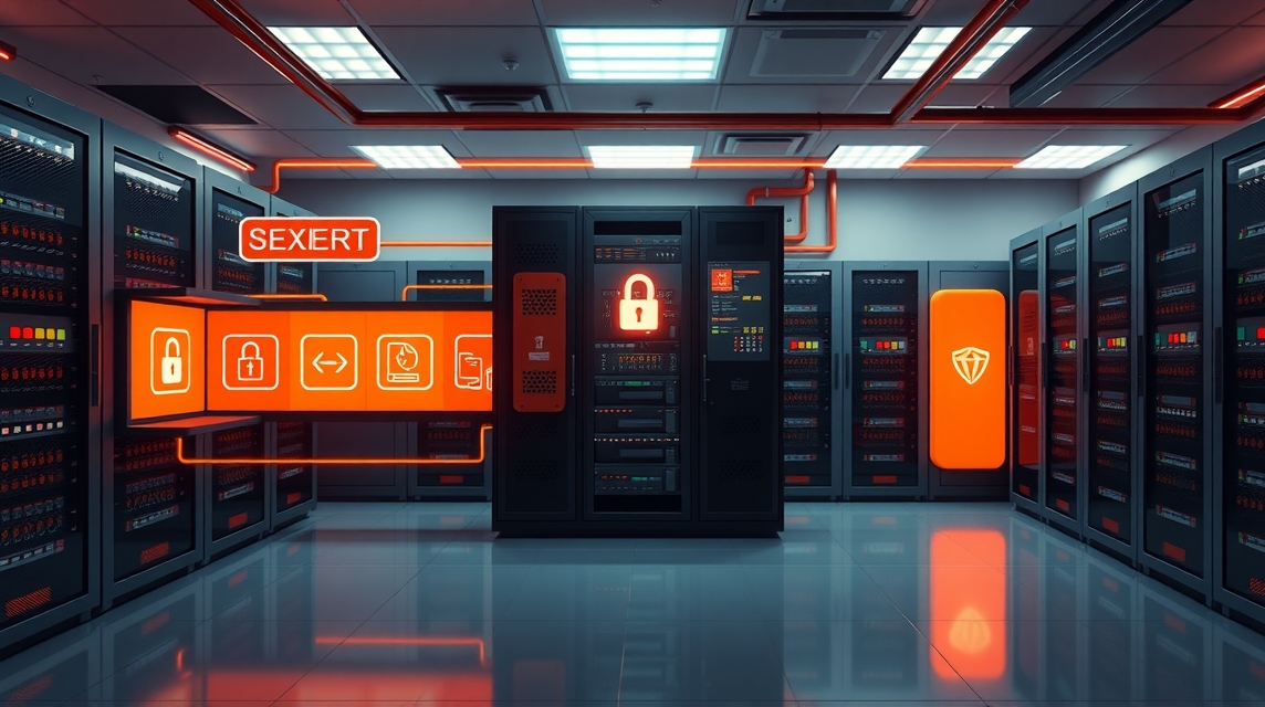 Moderná serverová miestnosť s červenými svetlami a ikonami zabezpečenia.