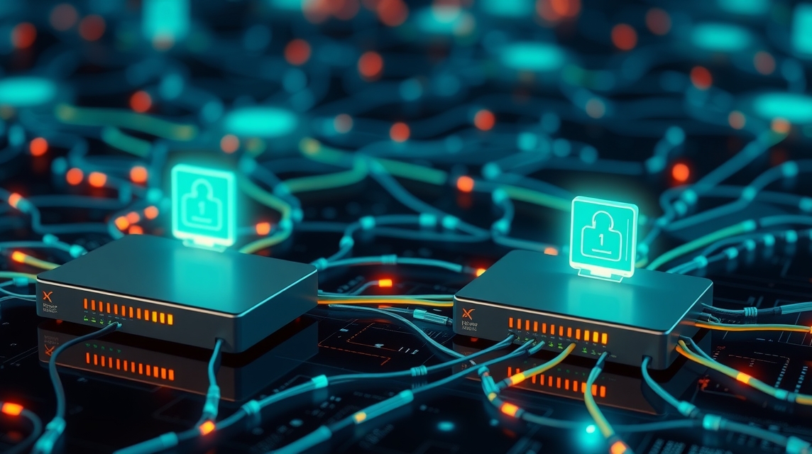 Dva moderné routery s pripojenými káblami a ikonami zabezpečenia.