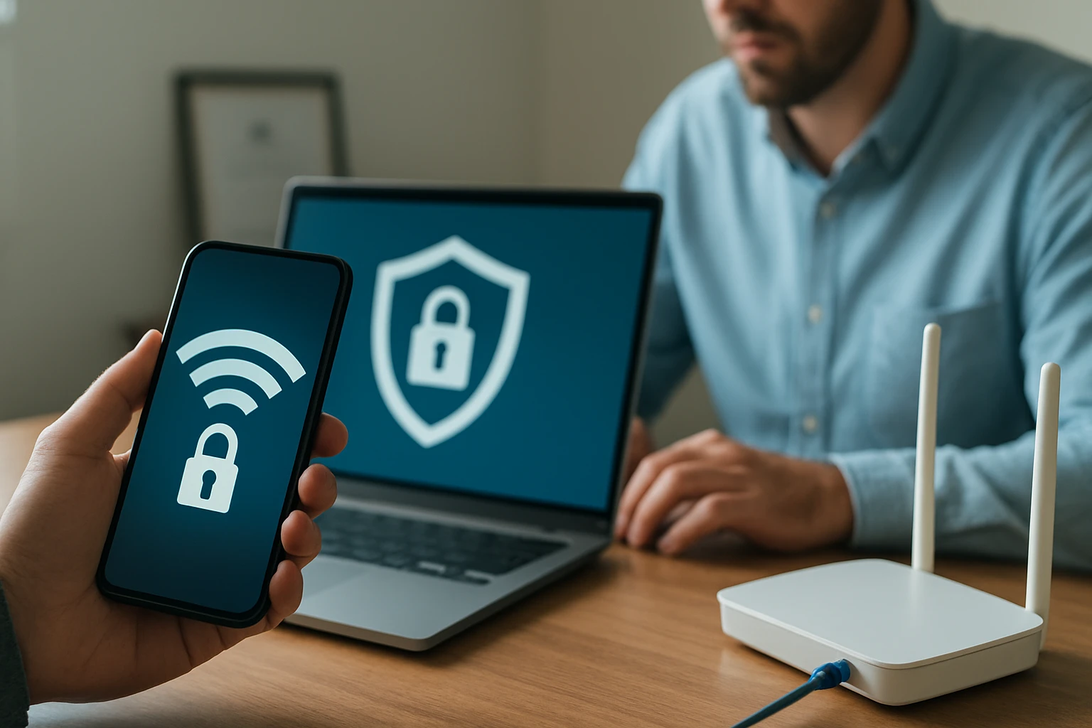 Muž drží mobil s ikonou zabezpečeného Wi-Fi pripojenia pri počítači.