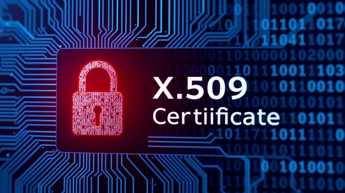 Obrázok zobrazuje zámok a text X.509 Certificate na digitálnom pozadí.