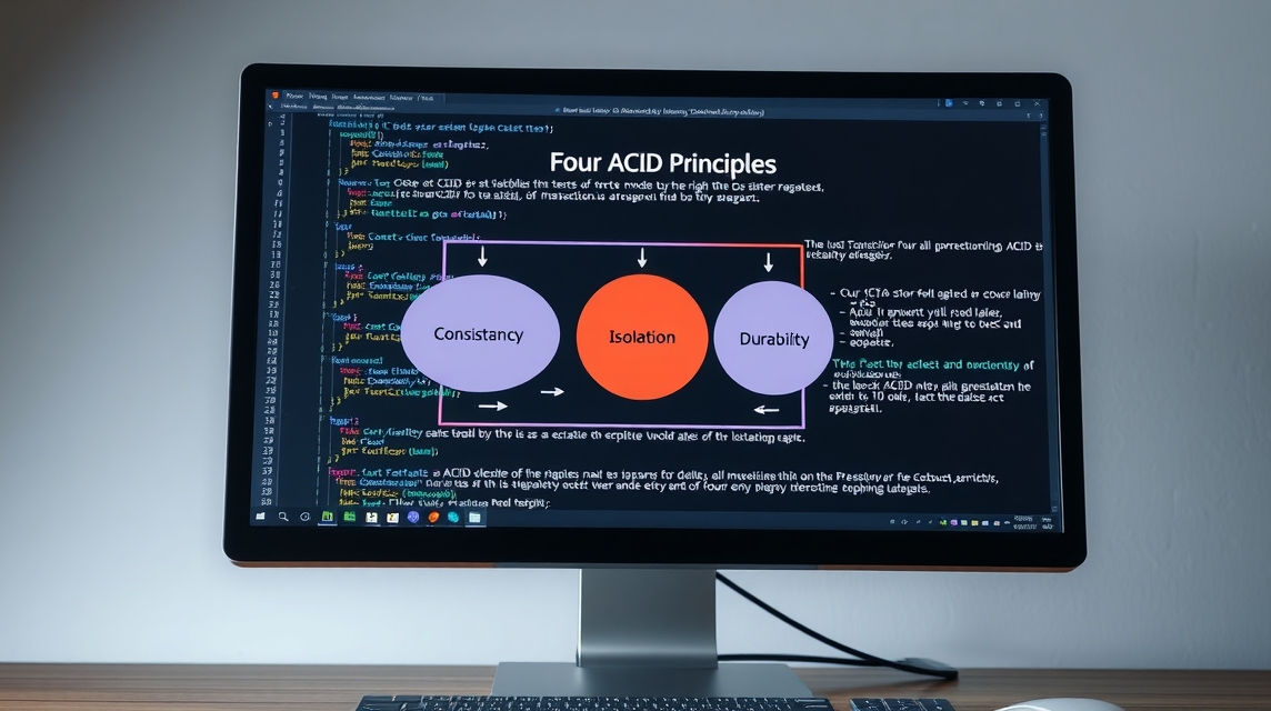Obrazovka počítača zobrazuje štyri ACID princípy v programovacom kóde.