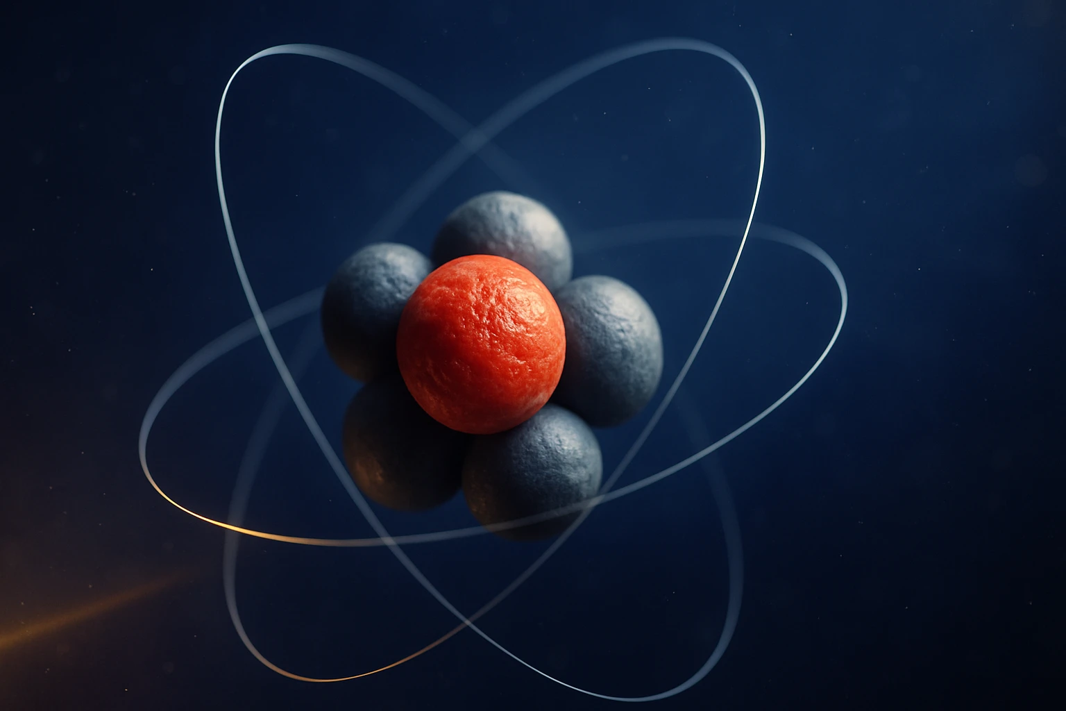 Ilustrácia atómu, červené jadro obklopené čiernymi elektrónmi a orbitálmi.