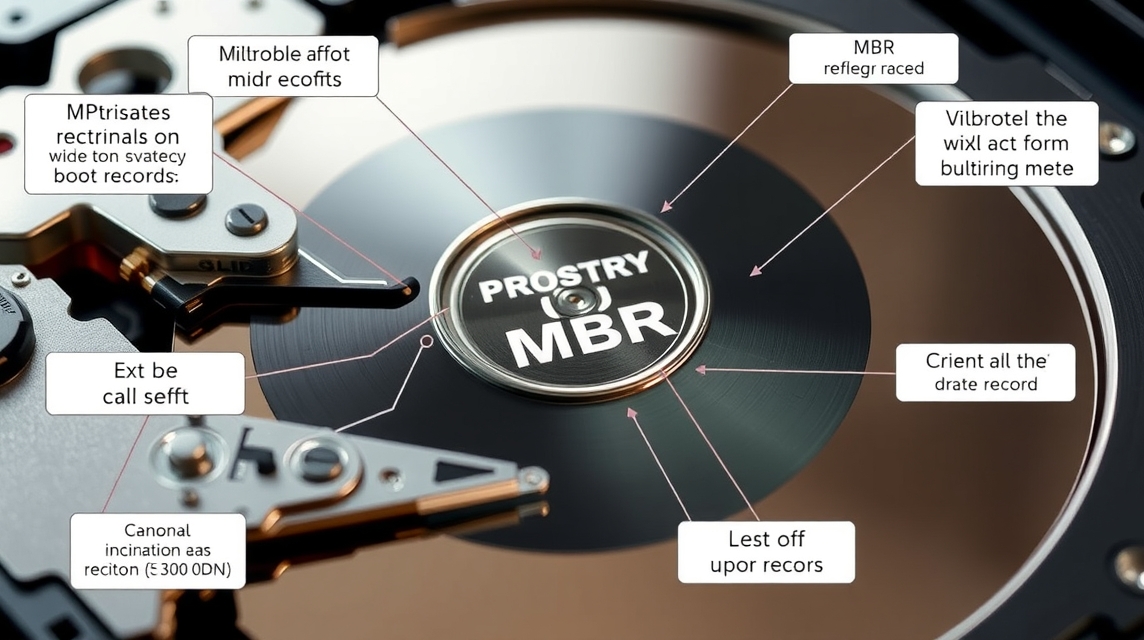 Detail of a hard drive showing the MBR label and various components.