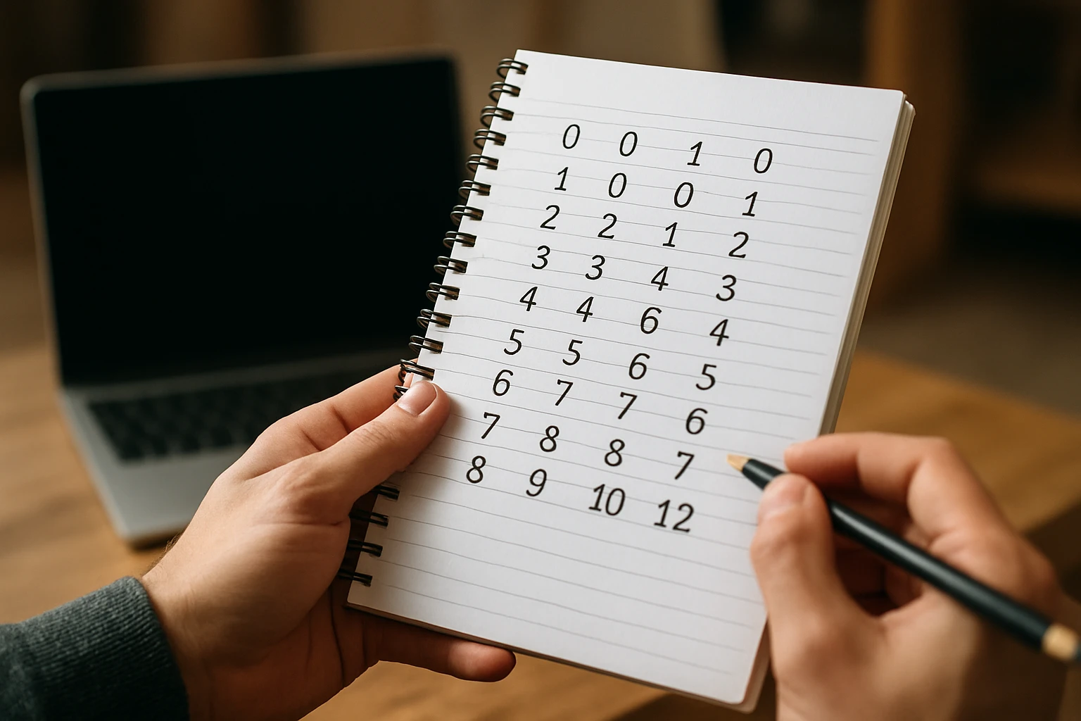 Osoba drží zápisník s číslami usporiadanými v mriežke, vedľa je laptop.