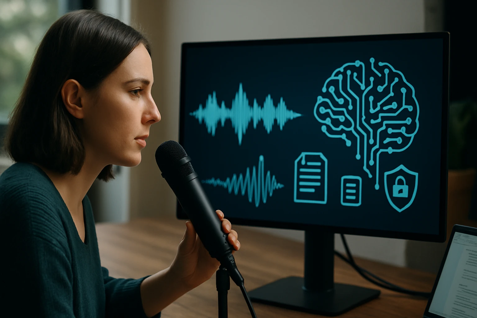 Žena hovorí do mikrofónu, za ňou je obrazovka s grafmi zvuku a symbolmi technológie.