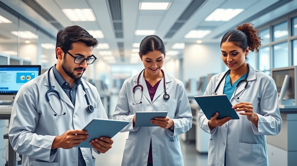 Traja zdravotnícki pracovníci v bielych plášťoch používajú tablety v modernej nemocnici.