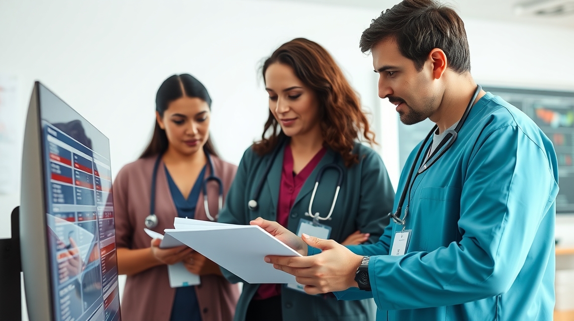 Skupina zdravotníkov prezerá dokumenty a diskutuje o pacientoch.