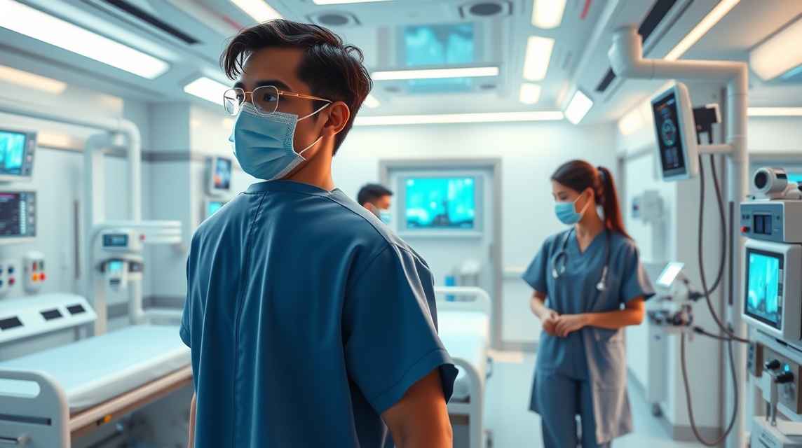 Mladý lekár v modrom plášti a ochranných rúškach v nemocničnej izbe.